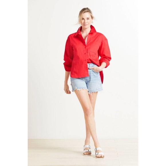 Sundry for Evereve Red Saturday Poplin Cotton Oversized Shirt - Picture 2 of 9